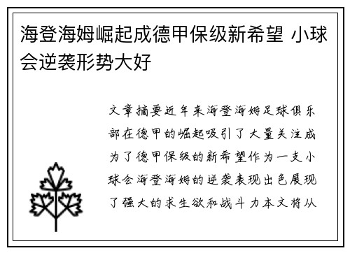 海登海姆崛起成德甲保级新希望 小球会逆袭形势大好