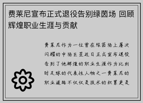 费莱尼宣布正式退役告别绿茵场 回顾辉煌职业生涯与贡献